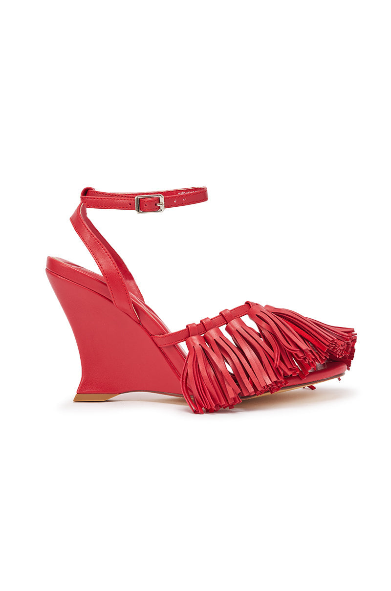 AZALEA WANG PHRIXOS RED WEDGE FRINGE PU SANDAL