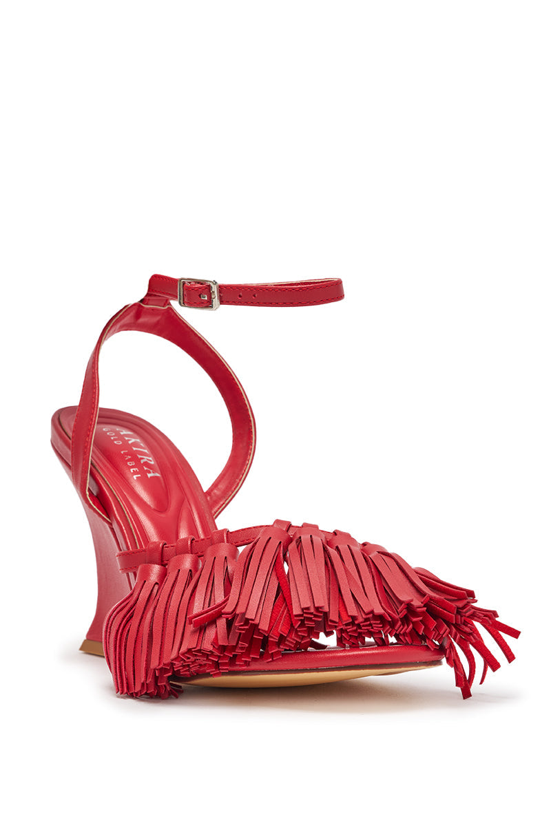 AZALEA WANG PHRIXOS RED WEDGE FRINGE PU SANDAL