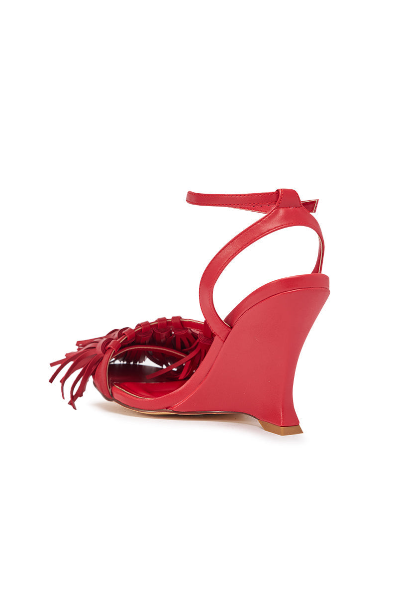 AZALEA WANG PHRIXOS RED WEDGE FRINGE PU SANDAL