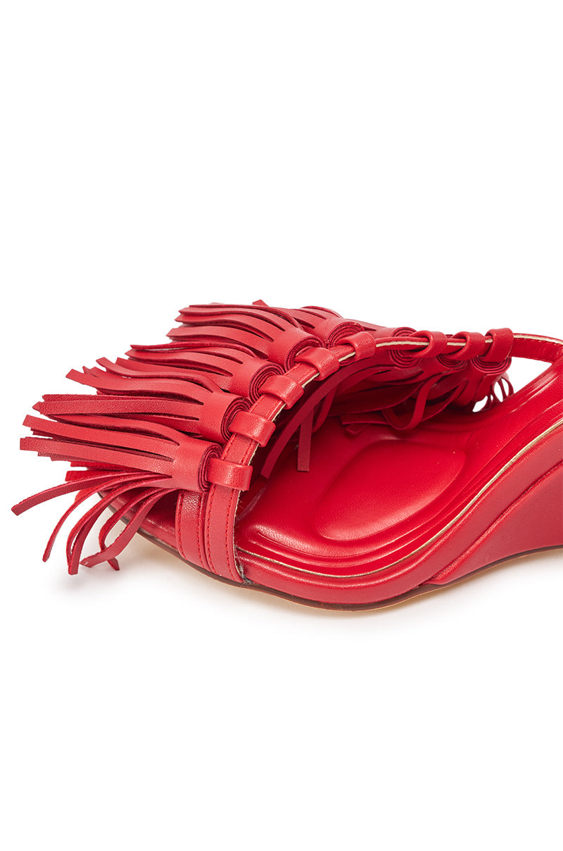 AZALEA WANG PHRIXOS RED WEDGE FRINGE PU SANDAL