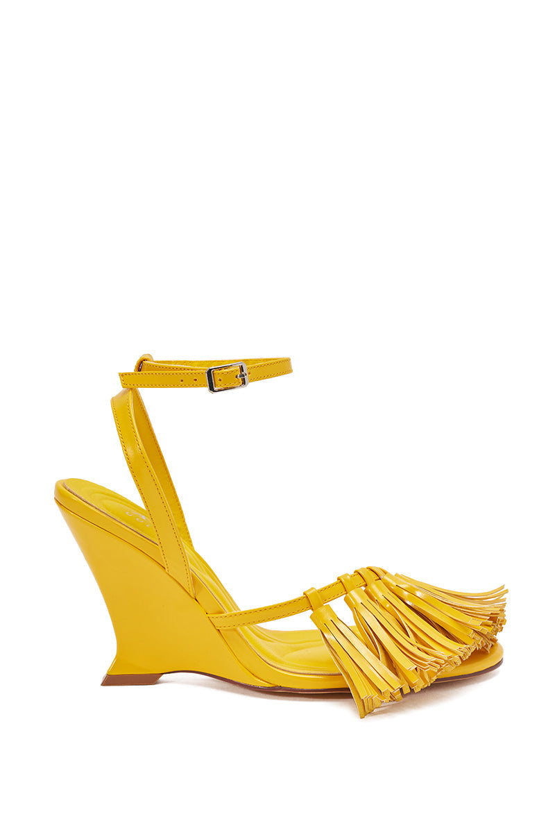 AZALEA WANG PHRIXOS YELLOW WEDGE FRINGE PU SANDAL