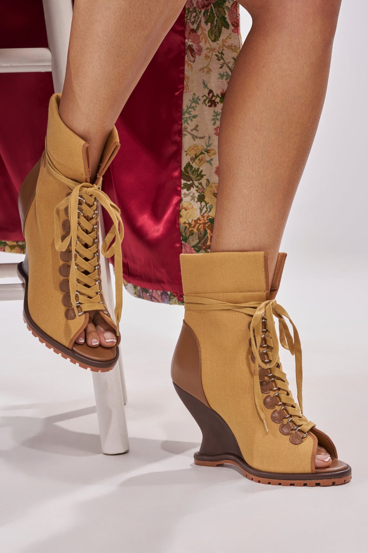 AZALEA WANG PINGREE BROWN OPEN TOE WEDGE BOOTIE