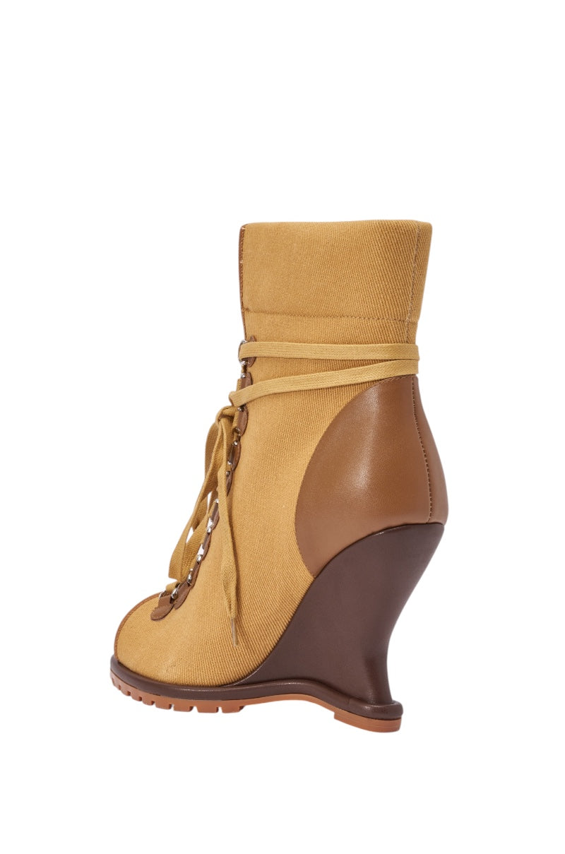 AZALEA WANG PINGREE BROWN OPEN TOE WEDGE BOOTIE