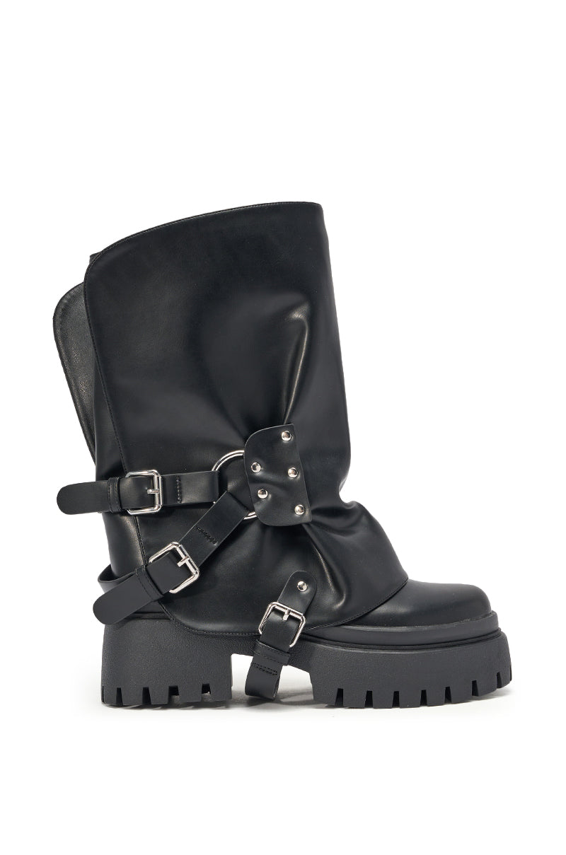 AZALEA WANG POWERLINE BLACK HARDWARE EMBELLISHED COMBAT BOOTIE