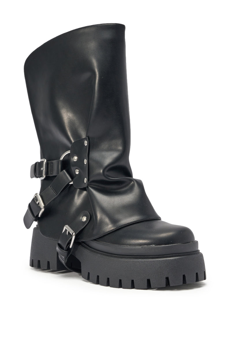 AZALEA WANG POWERLINE BLACK HARDWARE EMBELLISHED COMBAT BOOTIE