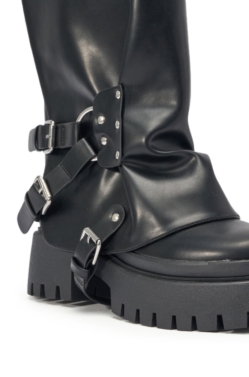 AZALEA WANG POWERLINE BLACK HARDWARE EMBELLISHED COMBAT BOOTIE