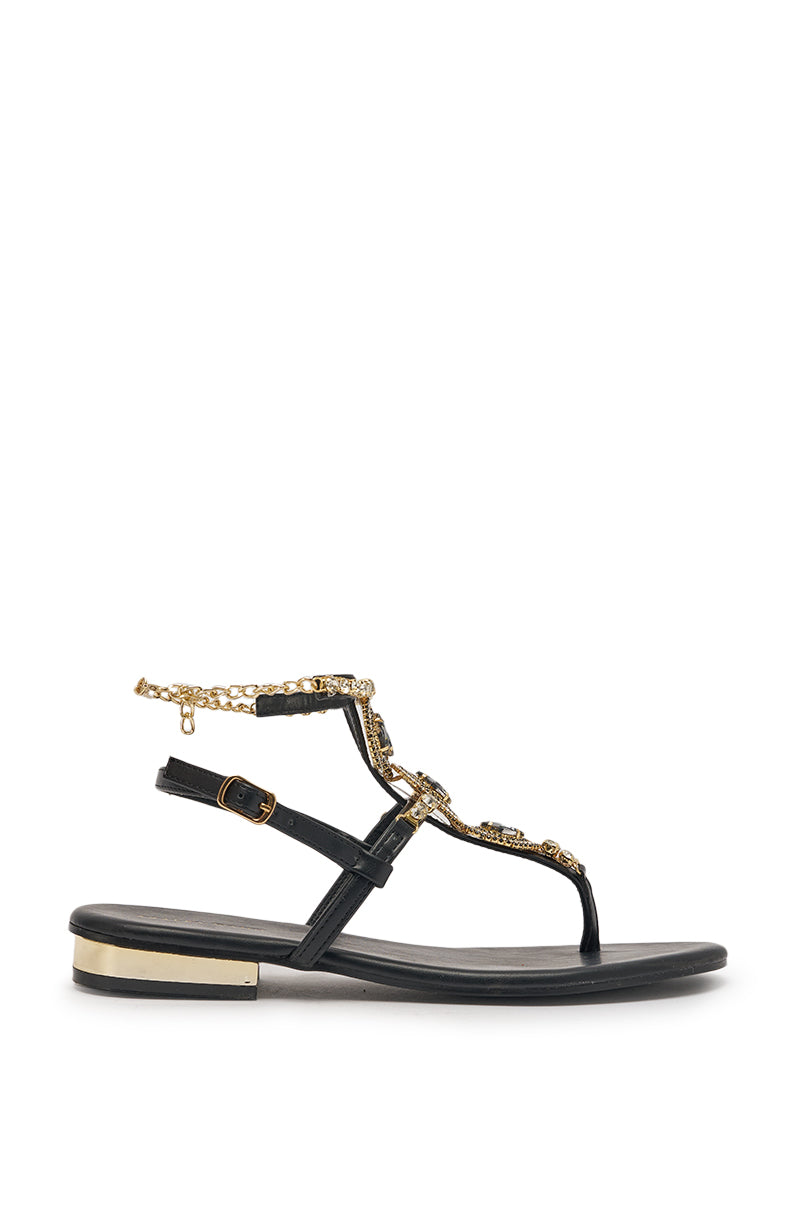AZALEA WANG RAFEE BLACK RHINESTONE EMBELLISHED FLAT STRAP SANDAL