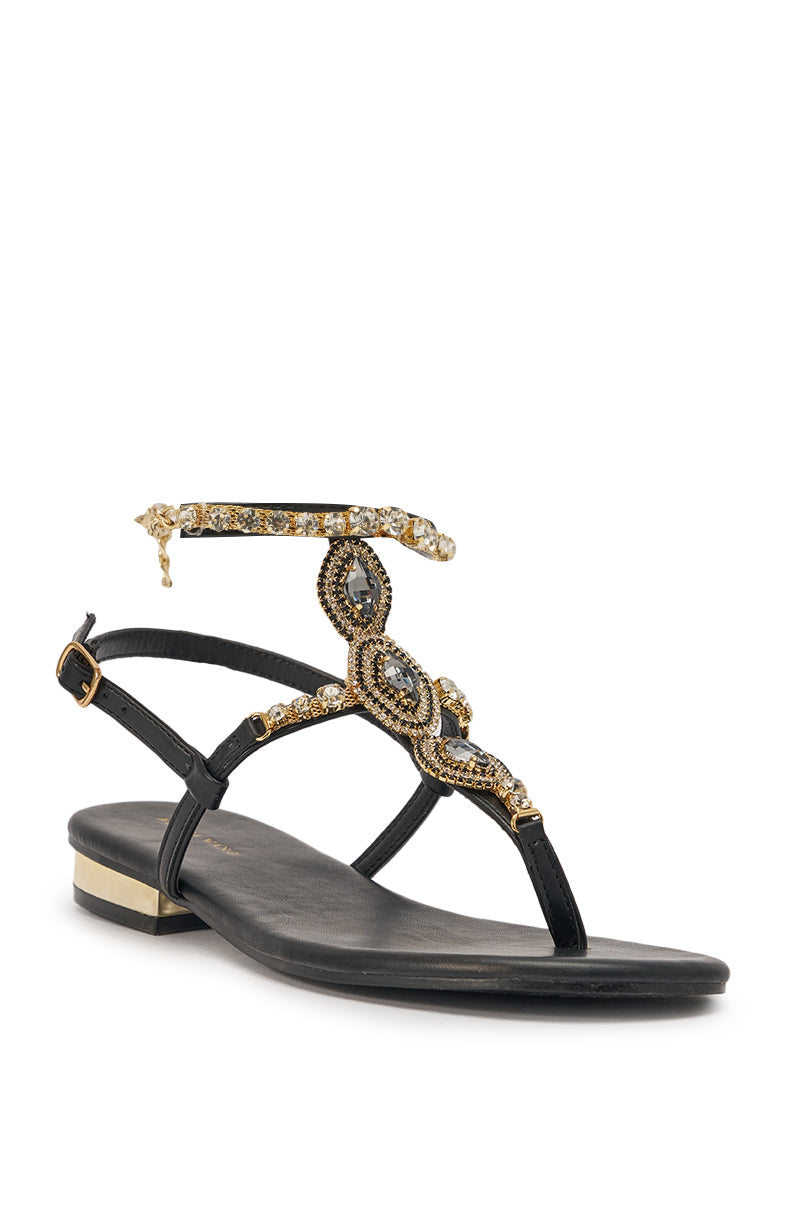 AZALEA WANG RAFEE BLACK RHINESTONE EMBELLISHED FLAT STRAP SANDAL