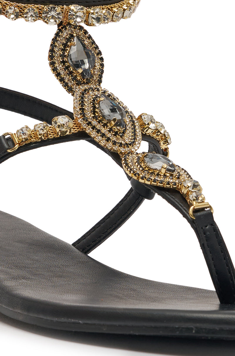 AZALEA WANG RAFEE BLACK RHINESTONE EMBELLISHED FLAT STRAP SANDAL