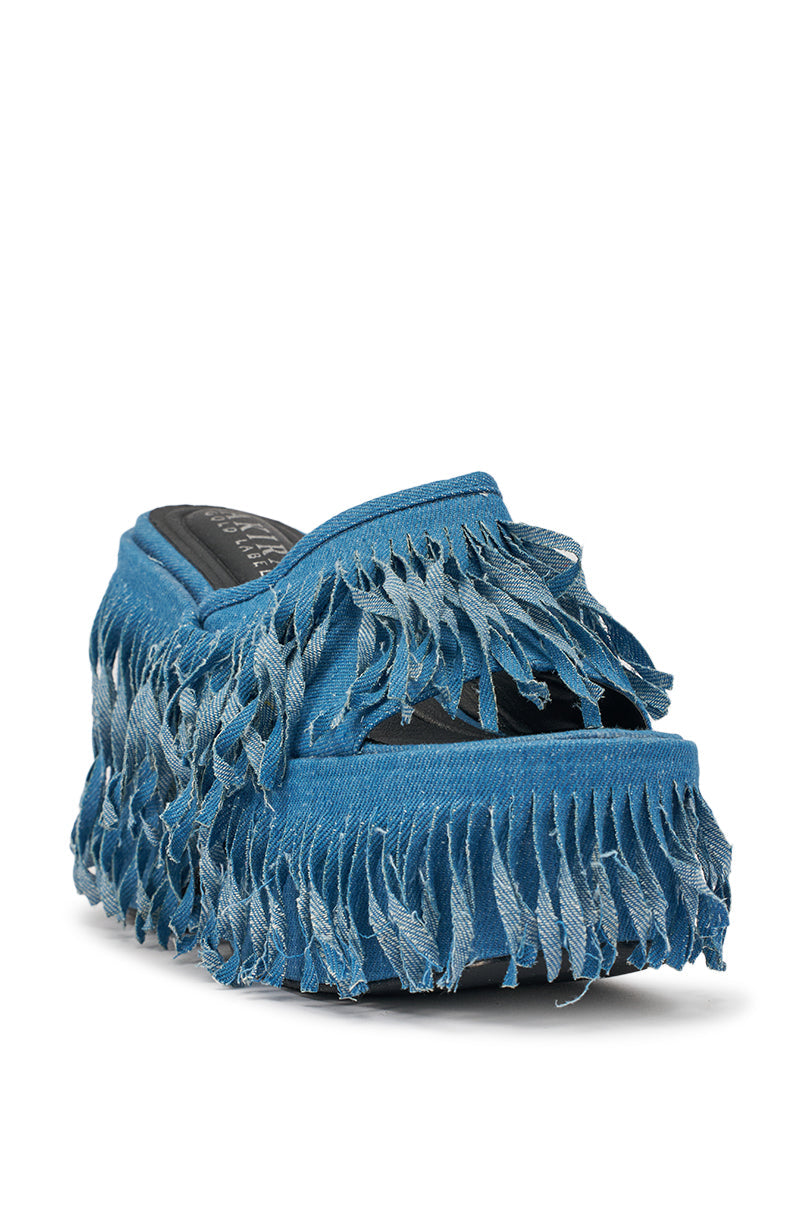 AKIRA GOLD RAMESHA DENIM FRINGE PLATFORM SANDAL