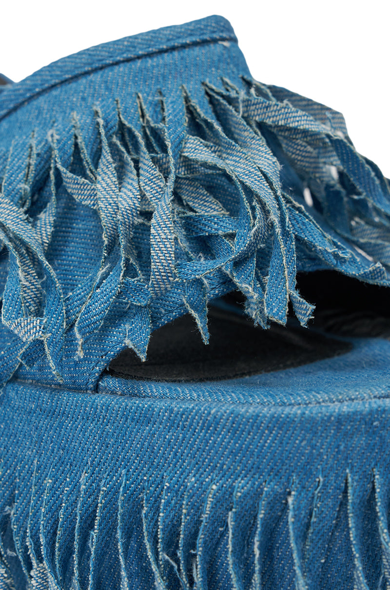 AKIRA GOLD RAMESHA DENIM FRINGE PLATFORM SANDAL
