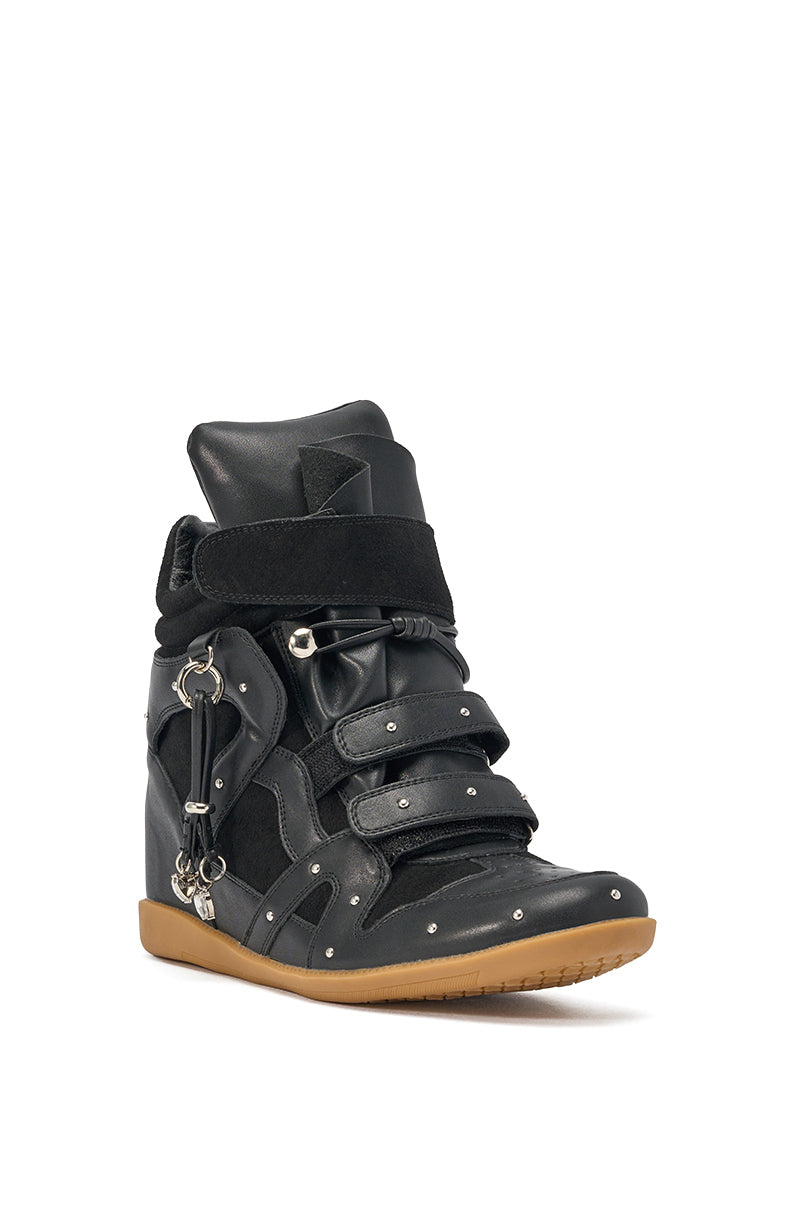 AKIRA GOLD RANGELEY BLACK SILVER HARDWARE EMBELLISHED WEDGE SNEAKER
