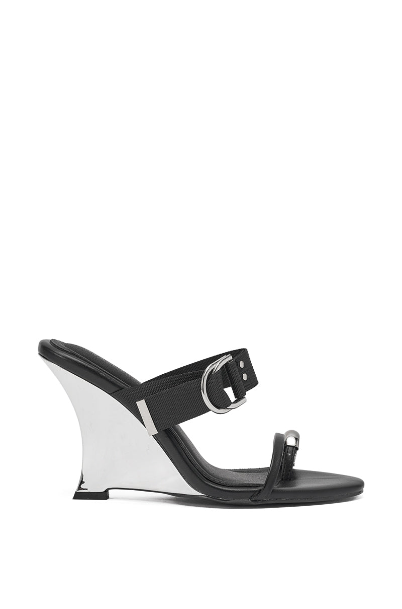 AZALEA WANG RANGSEY BLACK SILVER WEDGE SANDAL WITH TOE RING