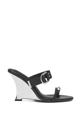 AZALEA WANG RANGSEY BLACK SILVER WEDGE SANDAL WITH TOE RING