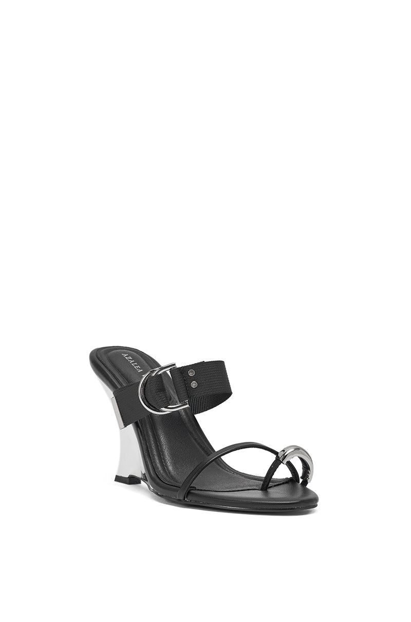 AZALEA WANG RANGSEY BLACK SILVER WEDGE SANDAL WITH TOE RING