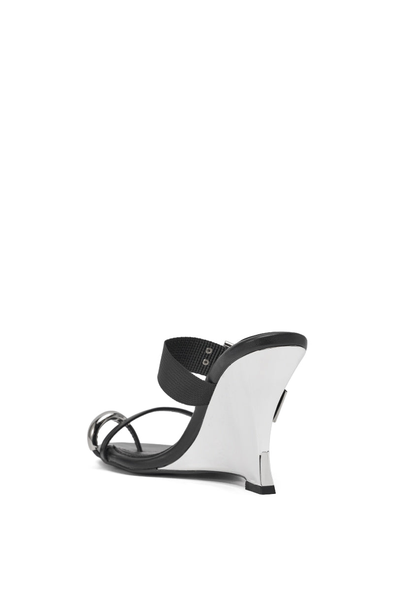 AZALEA WANG RANGSEY BLACK SILVER WEDGE SANDAL WITH TOE RING