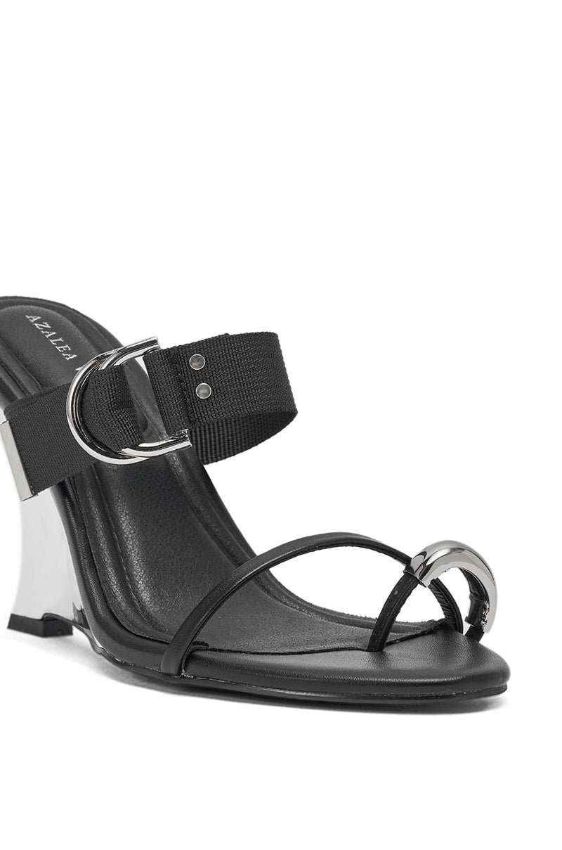 AZALEA WANG RANGSEY BLACK SILVER WEDGE SANDAL WITH TOE RING