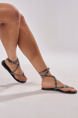 AZALEA WANG RASMUS BLACK SILVER STUD EMBELLISHED FLAT STRAP SANDAL