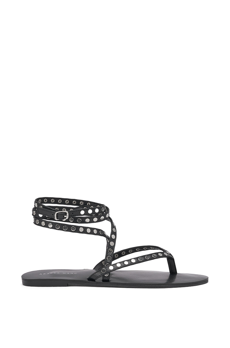 AZALEA WANG RASMUS BLACK SILVER STUD EMBELLISHED FLAT STRAP SANDAL