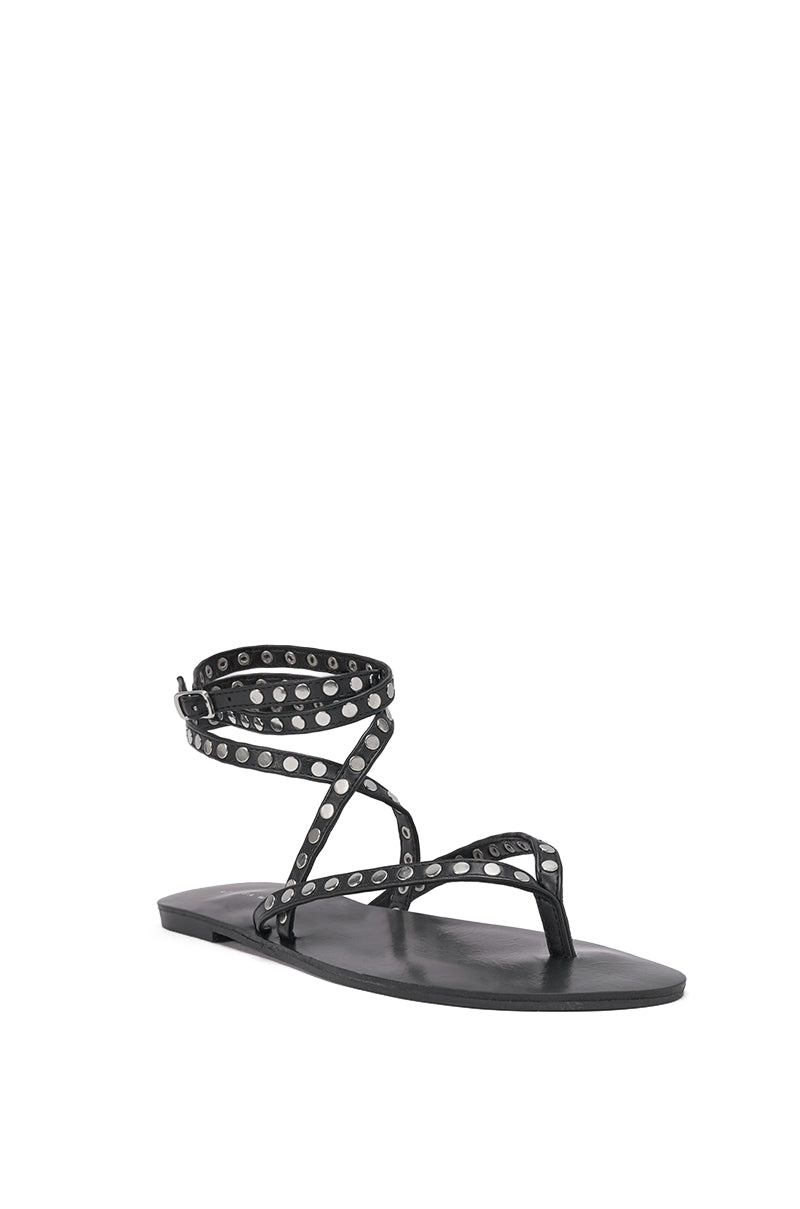 AZALEA WANG RASMUS BLACK SILVER STUD EMBELLISHED FLAT STRAP SANDAL