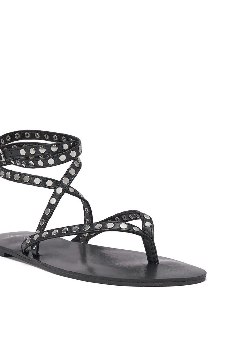 AZALEA WANG RASMUS BLACK SILVER STUD EMBELLISHED FLAT STRAP SANDAL