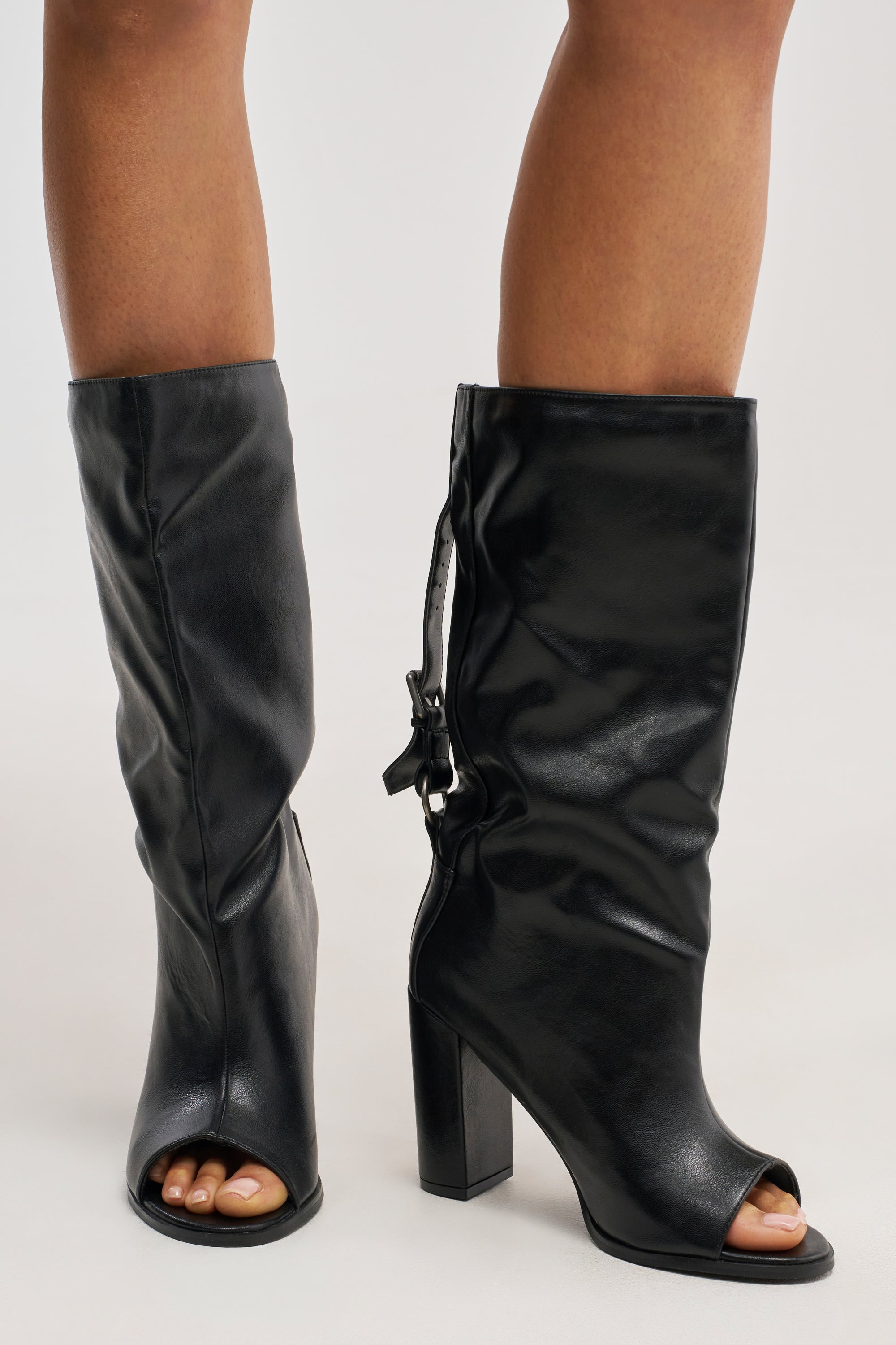 AKIRA GOLD REMIX BLACK OPEN TOE BLOCK BOOTIE