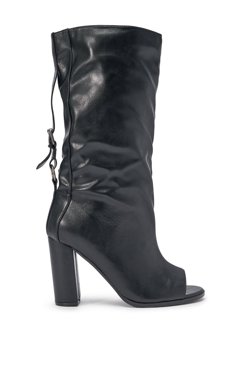 AKIRA GOLD REMIX BLACK OPEN TOE BLOCK BOOTIE