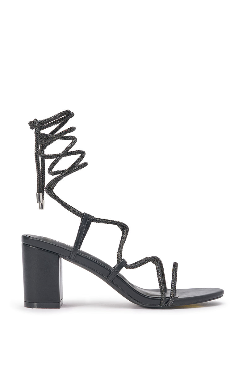 AZALEA WANG REVANI BLACK BLOCK HEEL WITH RHINESTONE LACE UP STRAP