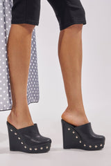 AZALEA WANG RIALA BLACK PU SILVER STUDDED WEDGE CLOG SANDAL
