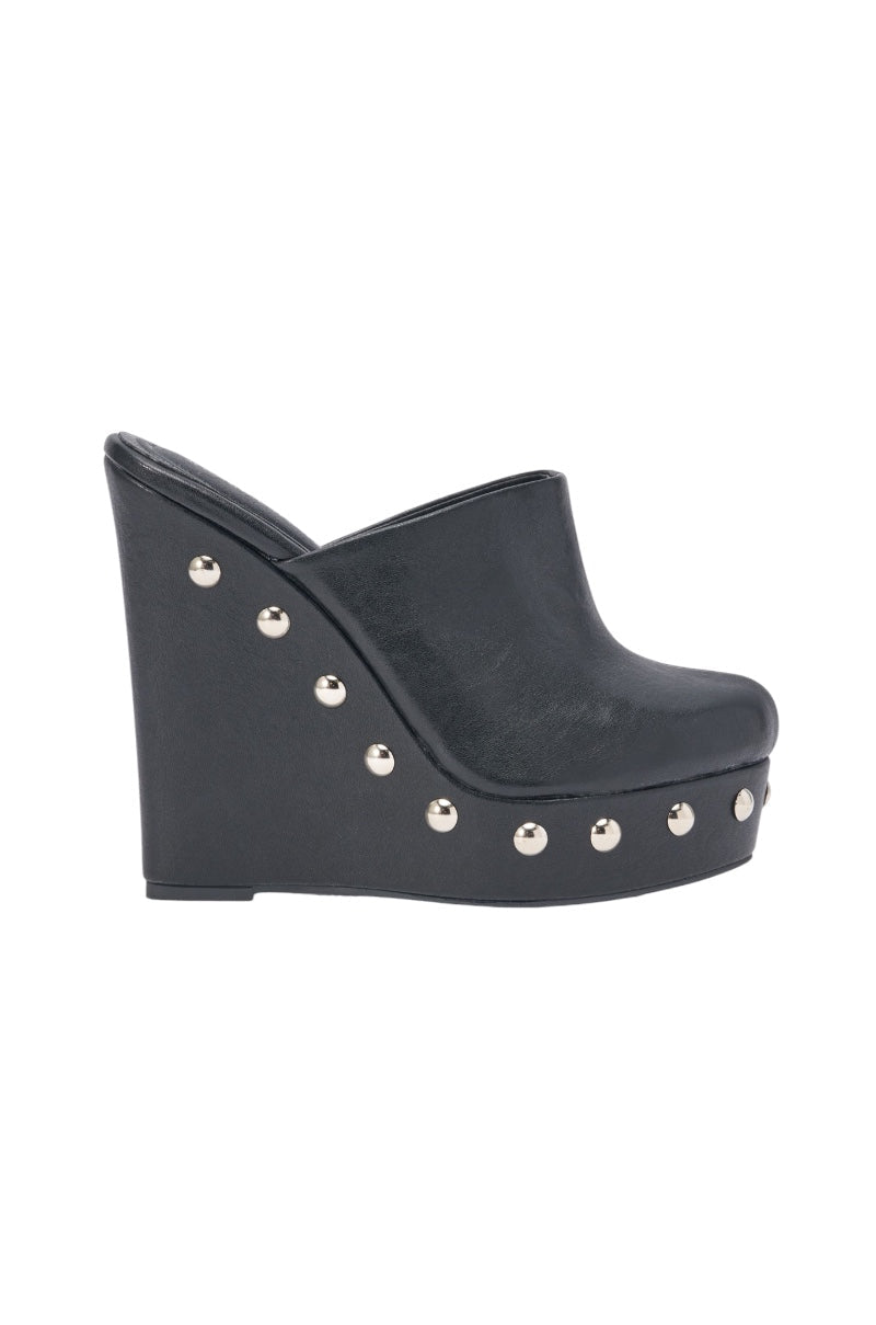 AZALEA WANG RIALA BLACK PU SILVER STUDDED WEDGE CLOG SANDAL