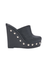 AZALEA WANG RIALA BLACK PU SILVER STUDDED WEDGE CLOG SANDAL