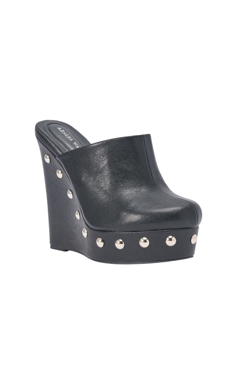 AZALEA WANG RIALA BLACK PU SILVER STUDDED WEDGE CLOG SANDAL