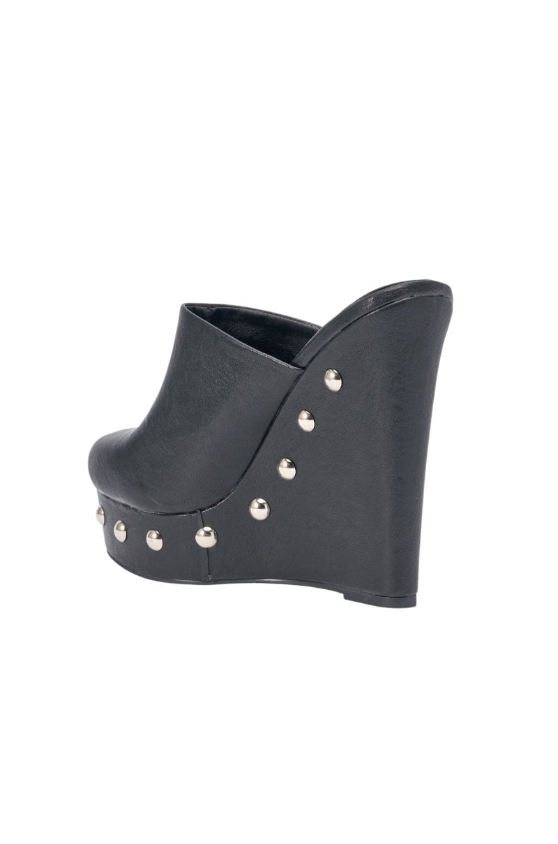 AZALEA WANG RIALA BLACK PU SILVER STUDDED WEDGE CLOG SANDAL