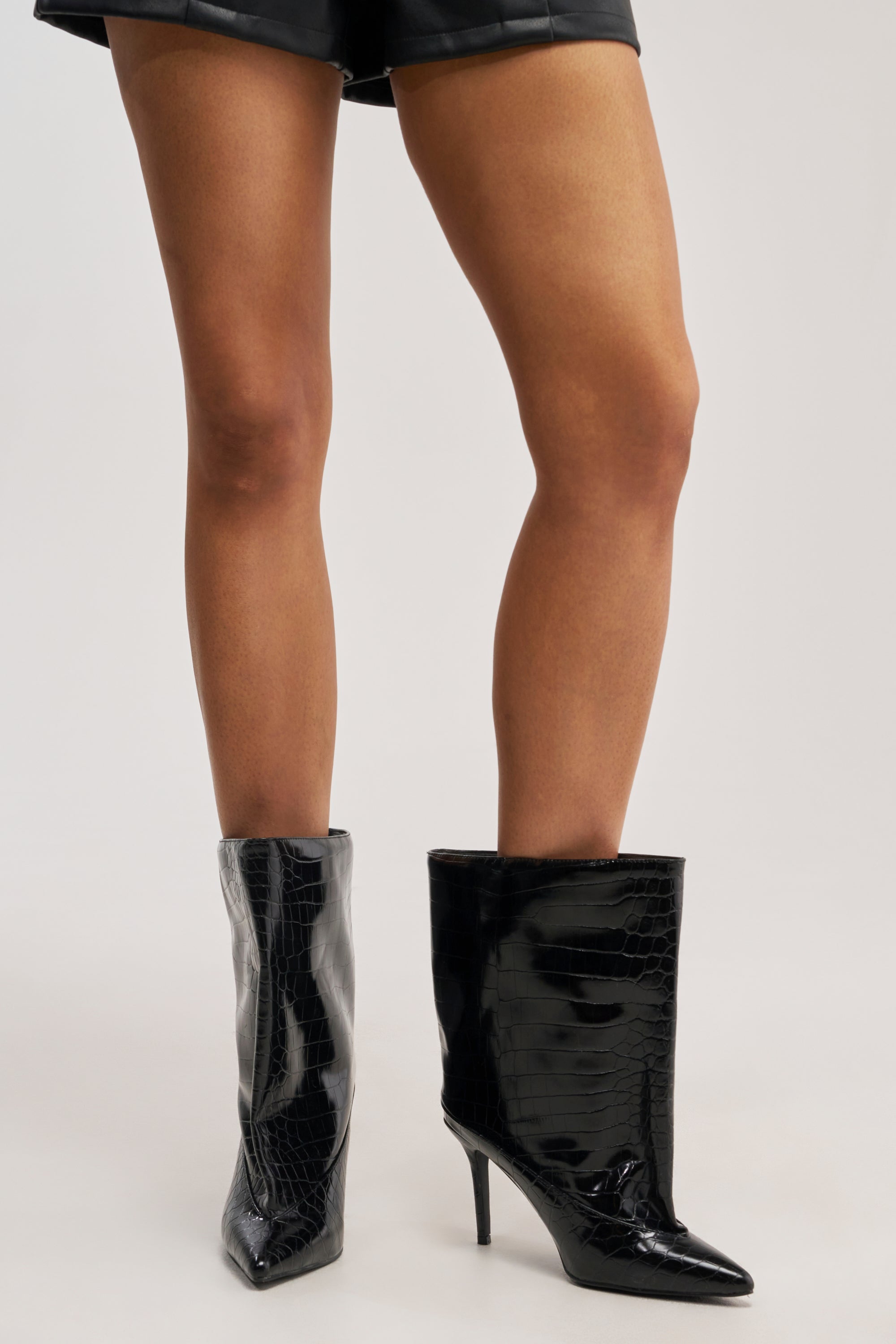 AKIRA GOLD RITUAL BLACK CROC STILETTO BOOTIE