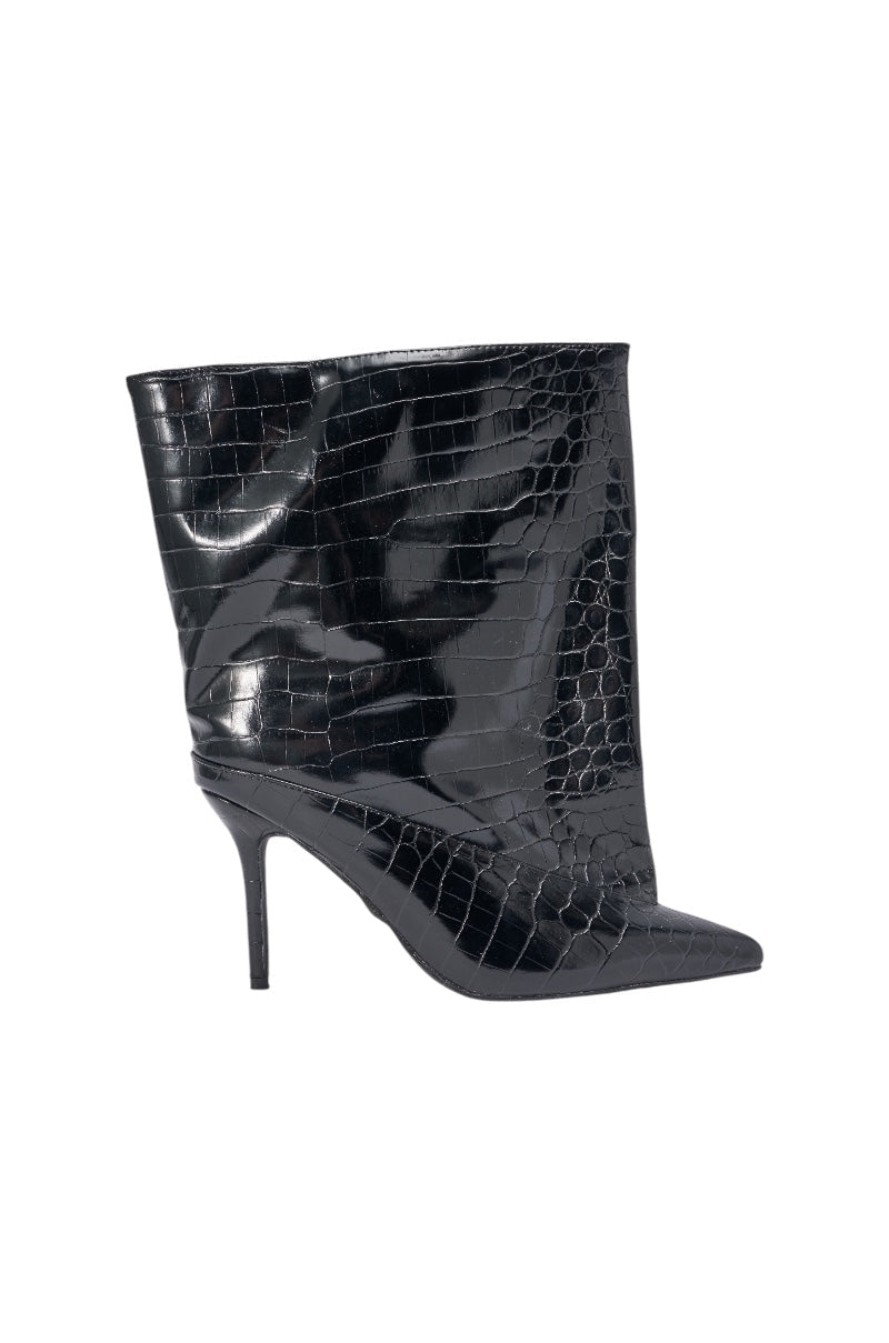 AKIRA GOLD RITUAL BLACK CROC STILETTO BOOTIE