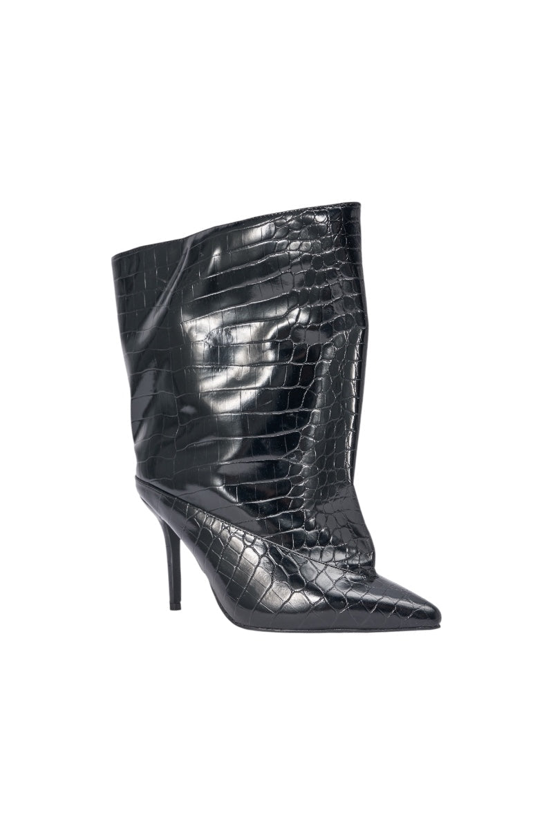 AKIRA GOLD RITUAL BLACK CROC STILETTO BOOTIE