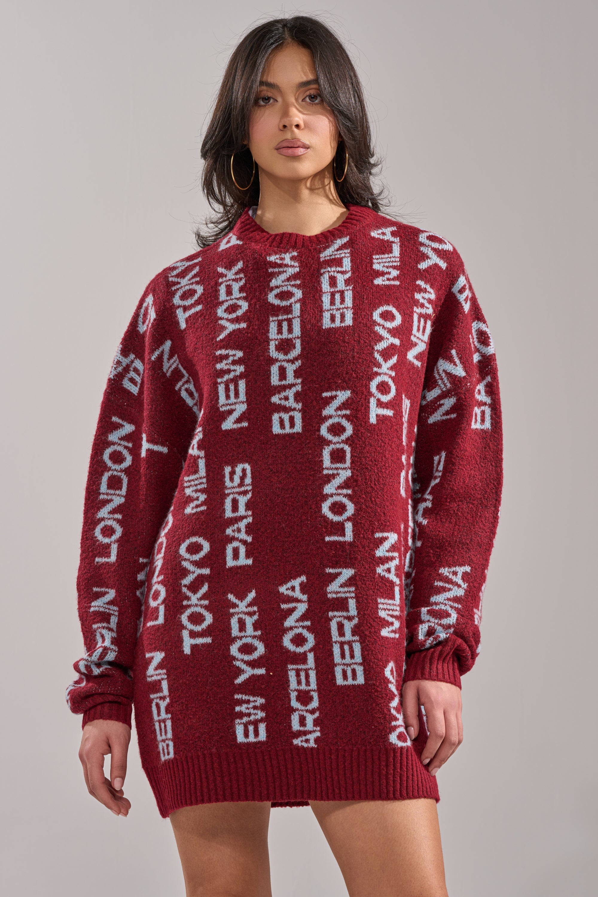 AROUND THE WORLD SWEATER MINI DRESS IN RED