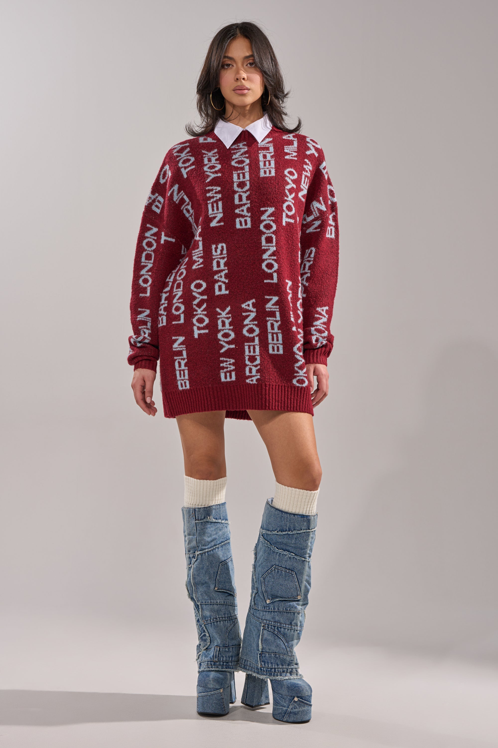 AROUND THE WORLD SWEATER MINI DRESS IN RED