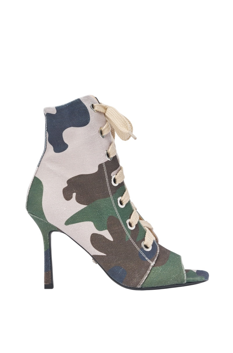 AZALEA WANG ROOFTOP CAMO OPEN TOE LACE UP BOOTIE