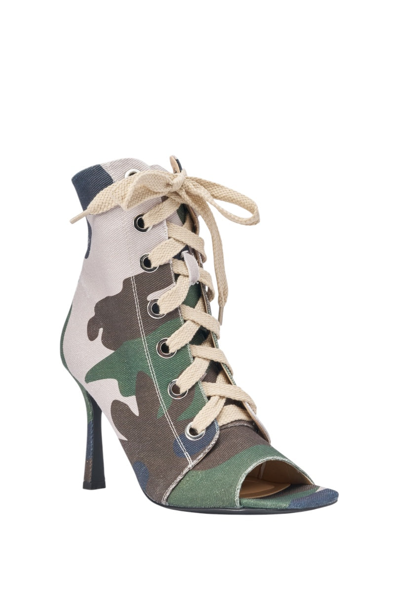 AZALEA WANG ROOFTOP CAMO OPEN TOE LACE UP BOOTIE