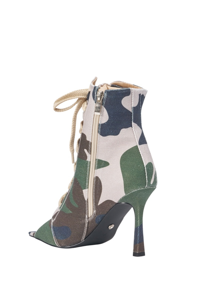 AZALEA WANG ROOFTOP CAMO OPEN TOE LACE UP BOOTIE