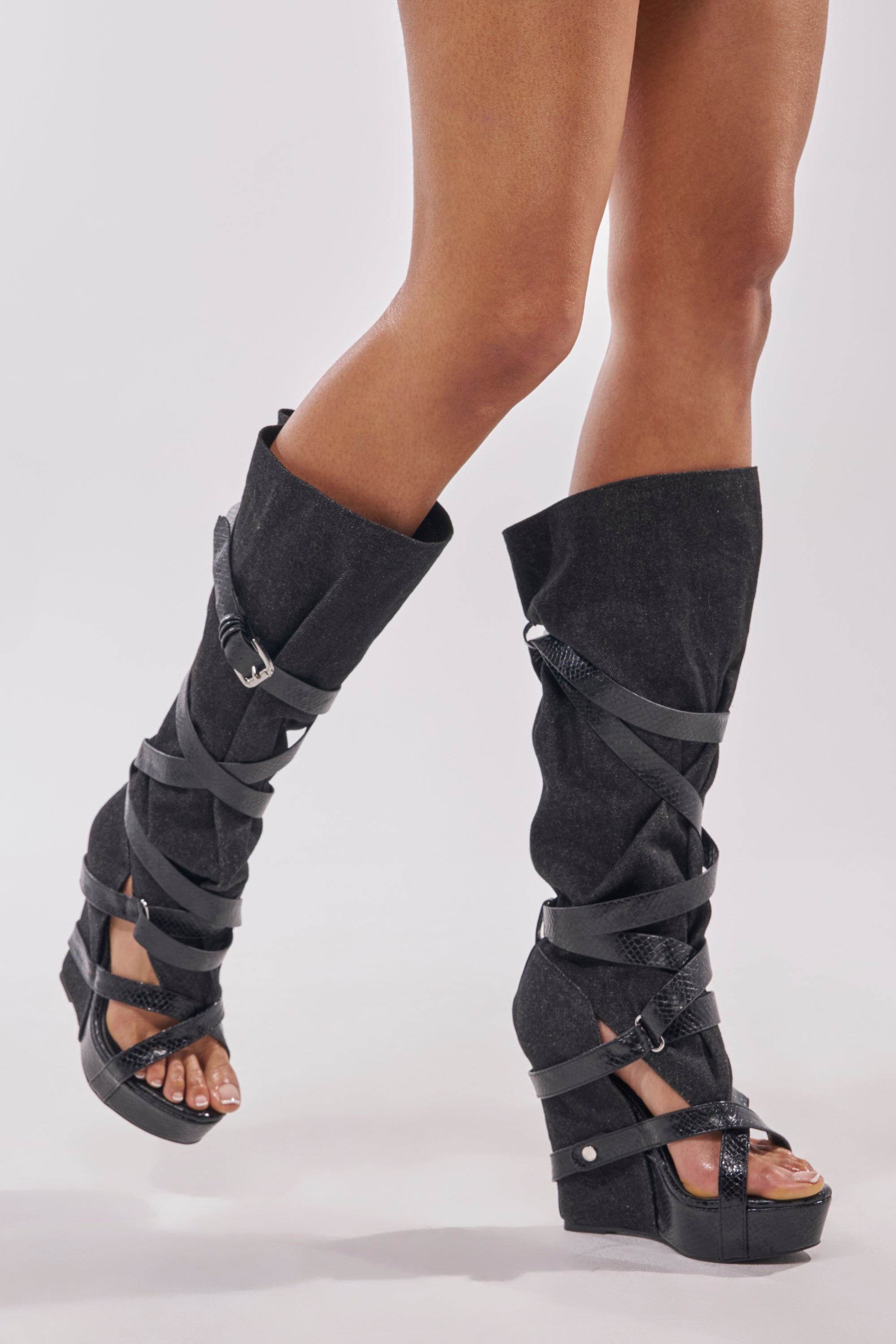 AZALEA WANG ROTHKID BLACK DENIM  KNEE HIGH OPEN TOE BOOT