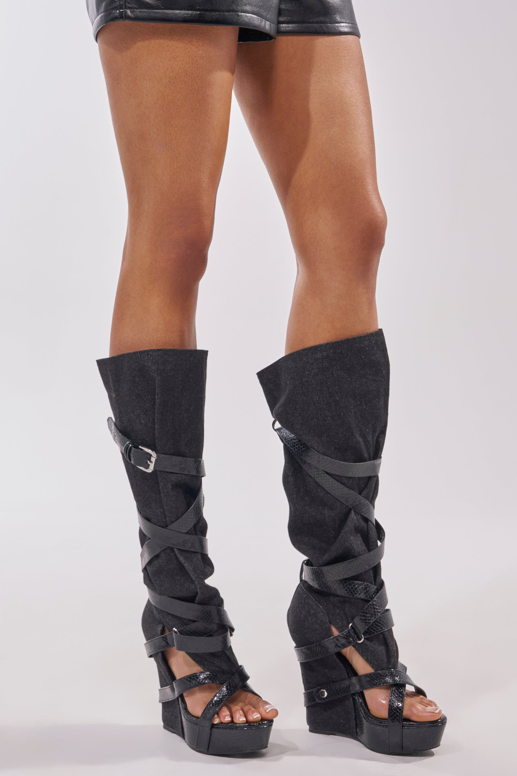 AZALEA WANG ROTHKID BLACK DENIM  KNEE HIGH OPEN TOE BOOT