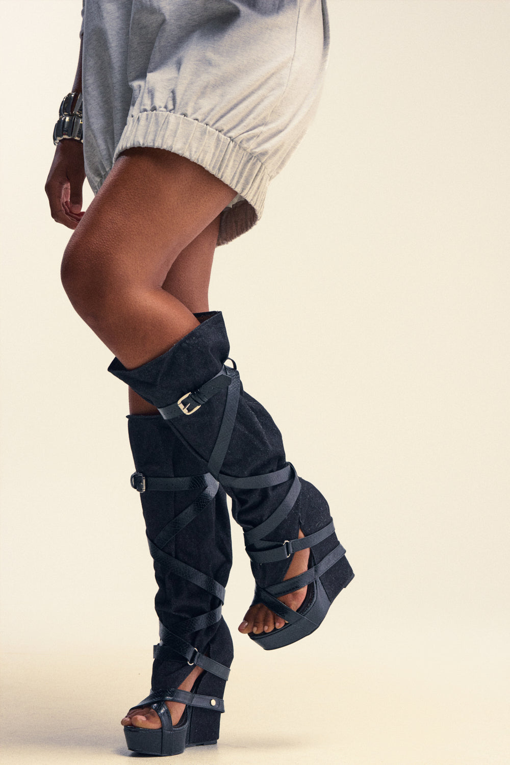 AZALEA WANG ROTHKID BLACK DENIM  KNEE HIGH OPEN TOE BOOT