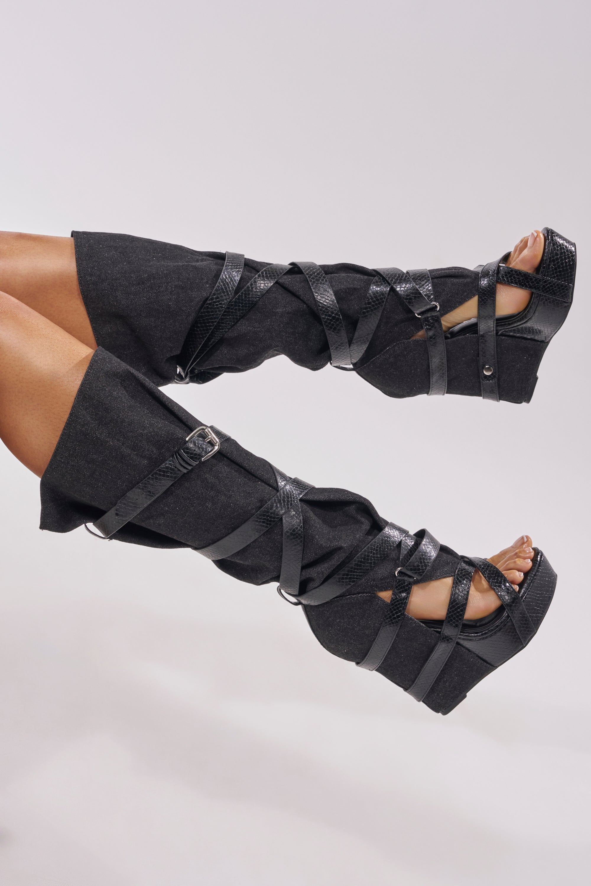 AZALEA WANG ROTHKID BLACK DENIM  KNEE HIGH OPEN TOE BOOT