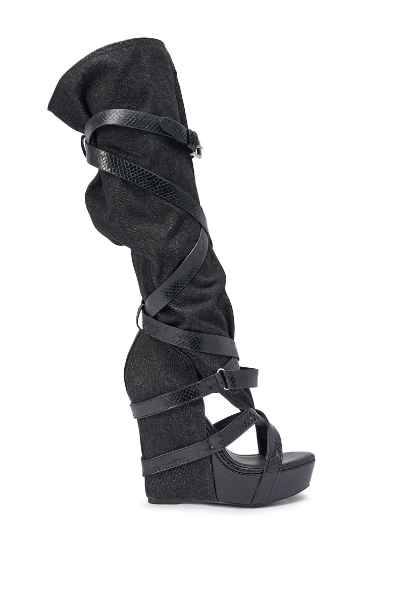 AZALEA WANG ROTHKID BLACK DENIM  KNEE HIGH OPEN TOE BOOT