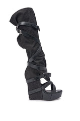 AZALEA WANG ROTHKID BLACK DENIM  KNEE HIGH OPEN TOE BOOT