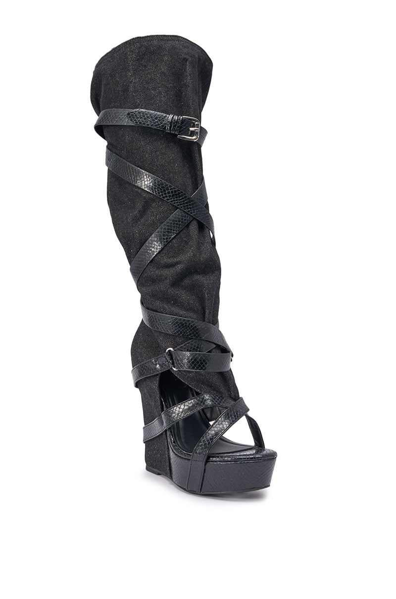 AZALEA WANG ROTHKID BLACK DENIM  KNEE HIGH OPEN TOE BOOT