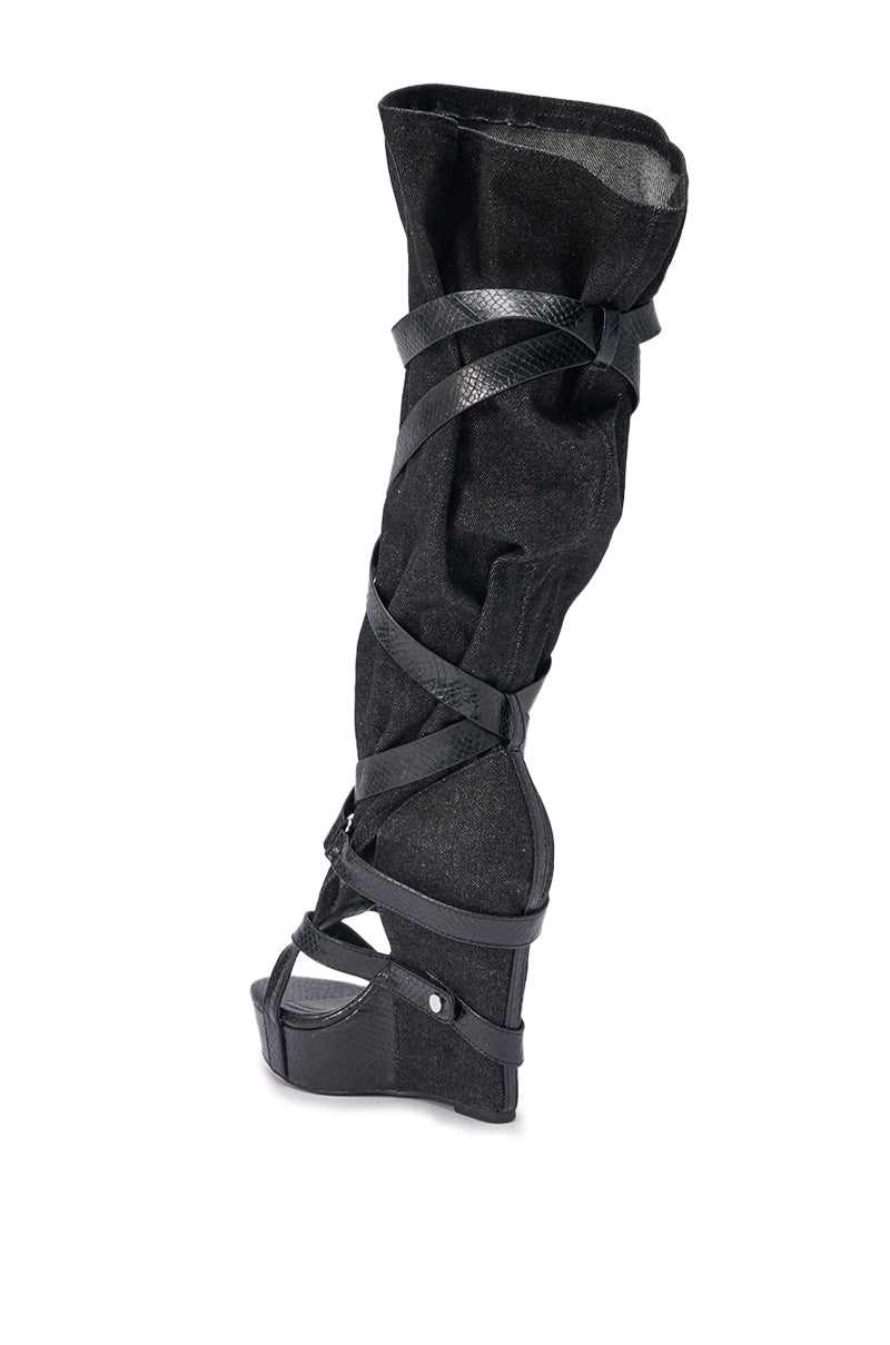 AZALEA WANG ROTHKID BLACK DENIM  KNEE HIGH OPEN TOE BOOT