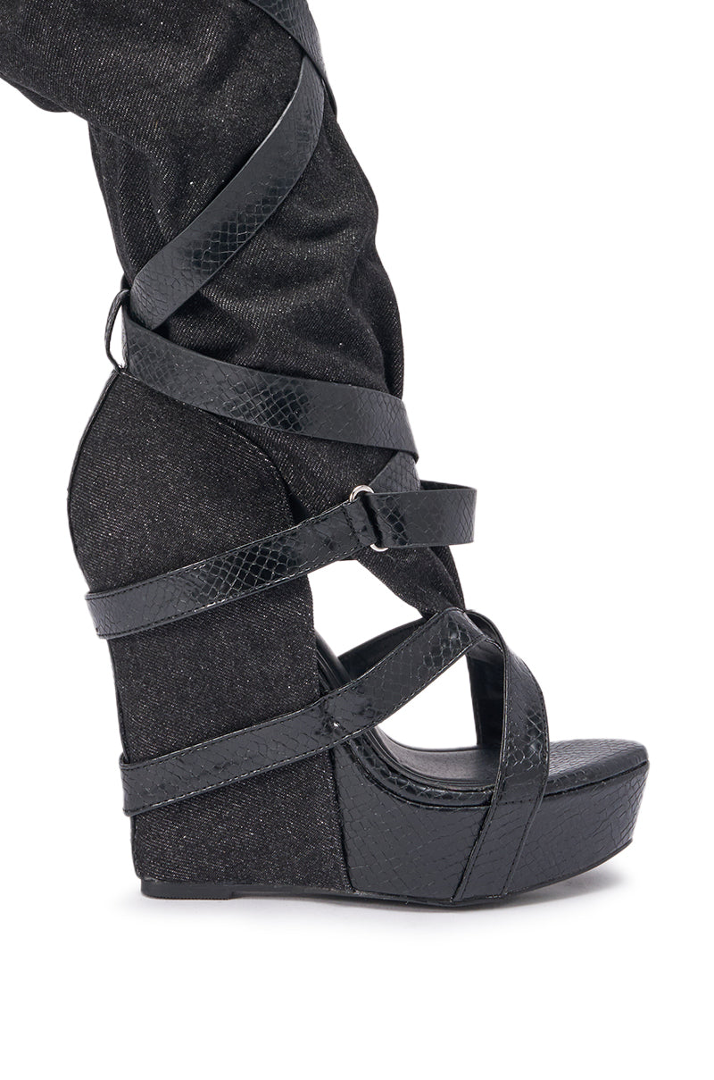 AZALEA WANG ROTHKID BLACK DENIM  KNEE HIGH OPEN TOE BOOT